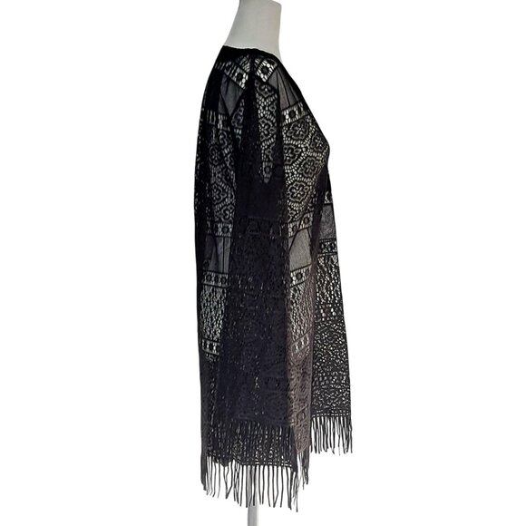 Vintage Black Lace Top Womens Size L Large Fringe Long Sleeve V Neck Cover Up A- - Picture 6 of 7